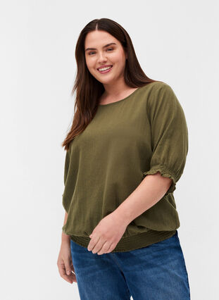Katoenen blouse met smokwerk en korte mouwen, Ivy Green, Model image number 0