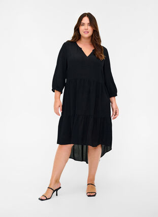 Viscose jurk met 3/4 mouwen en a-lijn, Black, Model image number 0