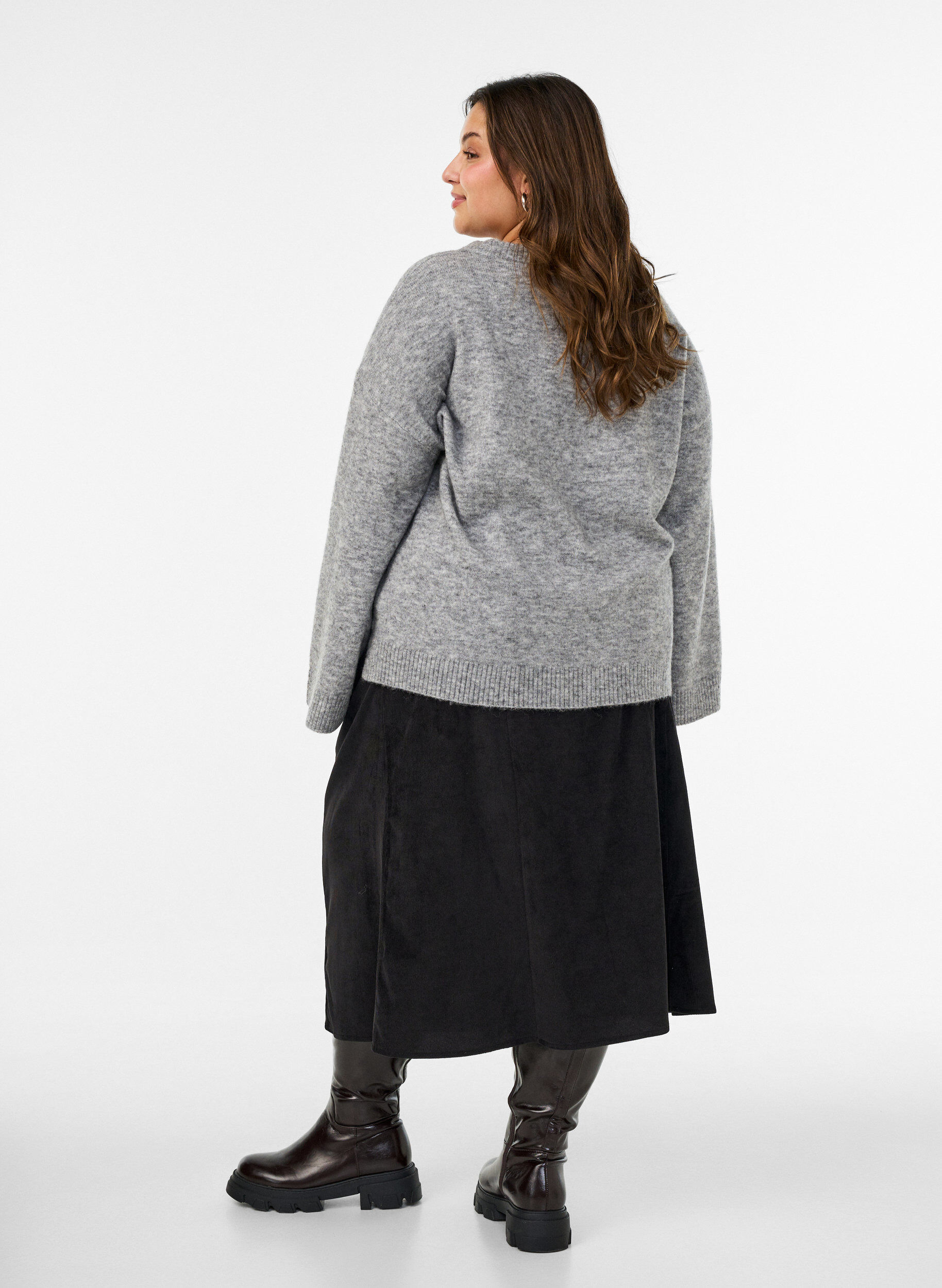 ZizziA-lijn corduroy rok met knopen, Zwart, Model image number 2