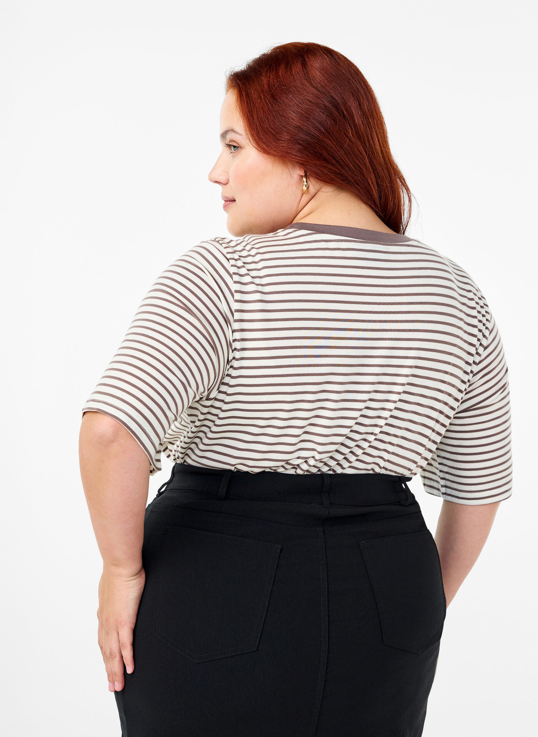 ZizziGestreept T-shirt van lyocell met ronde hals, Bruin, Model image number 2