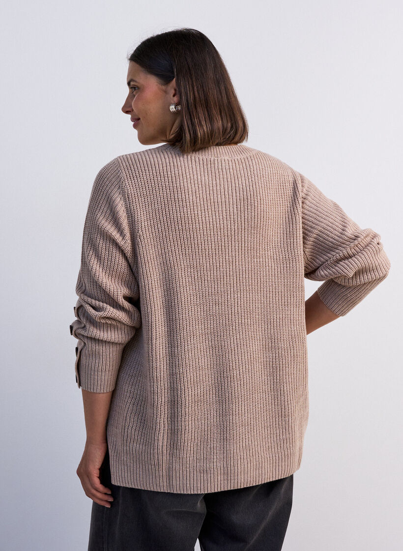 Gebreide blouse met ribstructuur en knoopdetails, Beige, Model image number 2