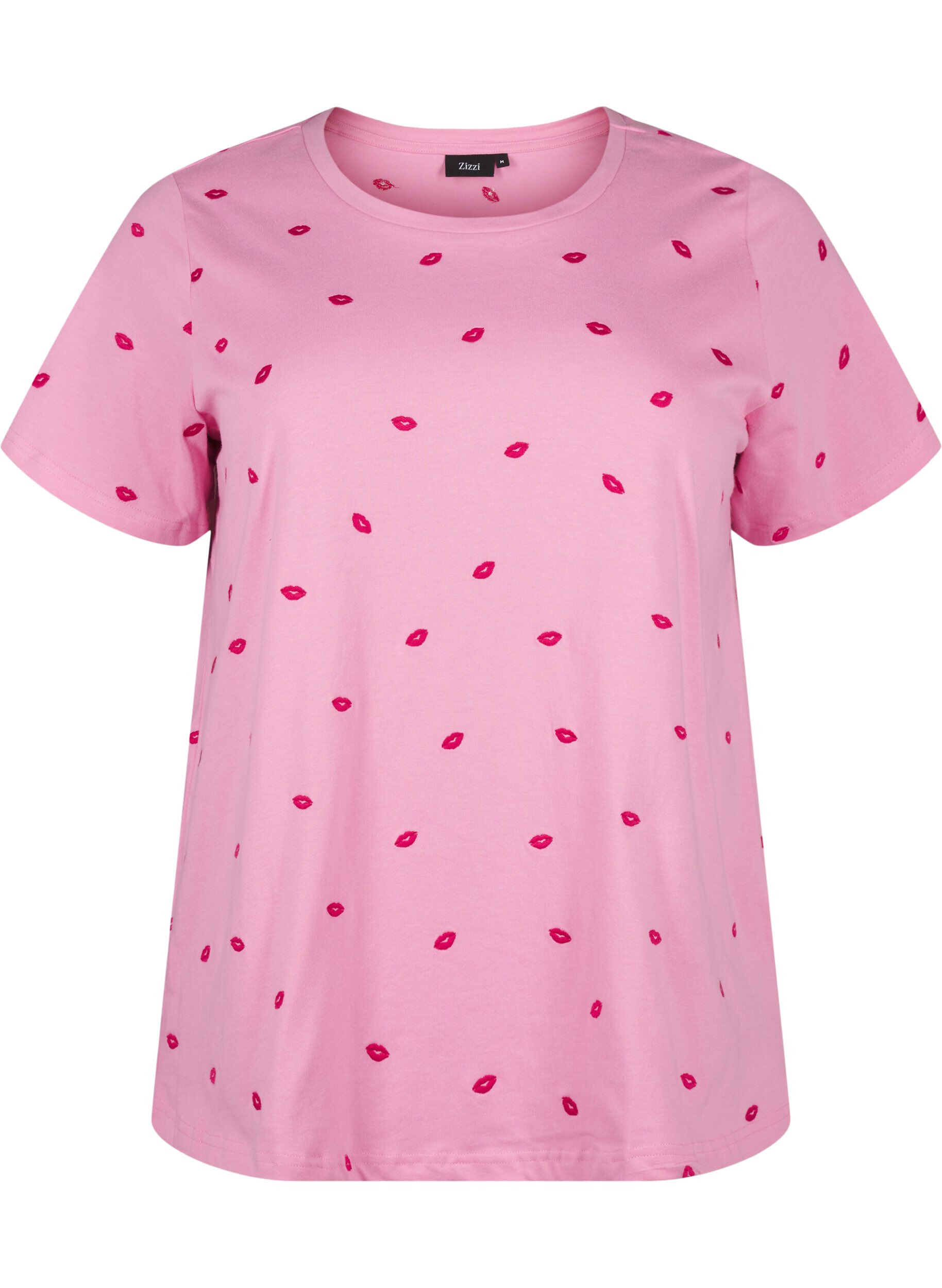 Zizzi T-shirt en coton biologique avec motif de l&egrave;vres brod&eacute;, Rose Bl. Lips Emb. , Packshot image number 0