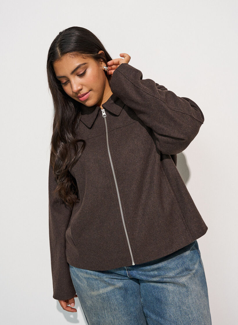 Korte jas met overhemdkraag en ritssluiting, Bruin, Model image number 3