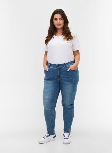 Cropped Amy jeans met hoge taille en strikje, Blue denim, Model image number 3