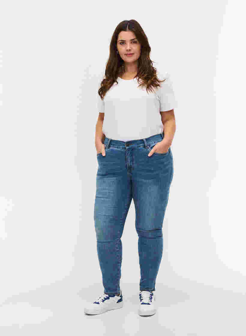 Cropped Amy jeans met hoge taille en strikje, Blue denim, Model image number 3