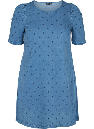 Gestippelde denim jurk met korte pofmouwen, Blue denim w. Dot, Packshot image number 0