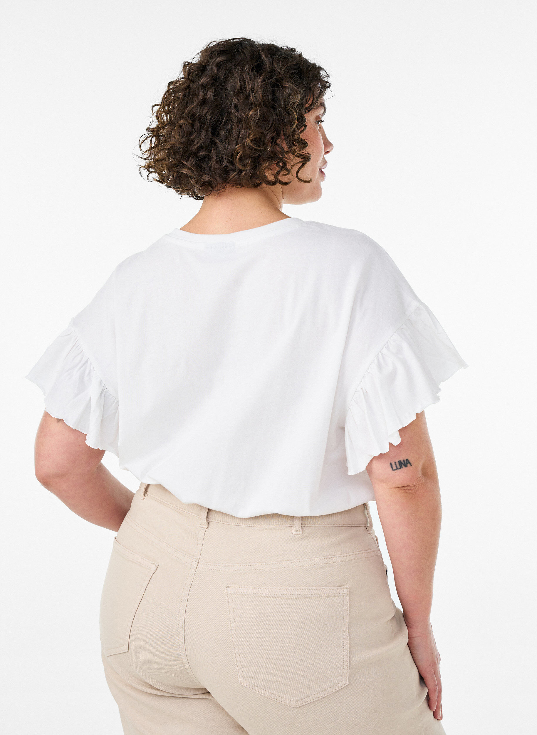ZizziT-shirt van biologisch katoen met ruches mouwen, Wit, Model image number 2