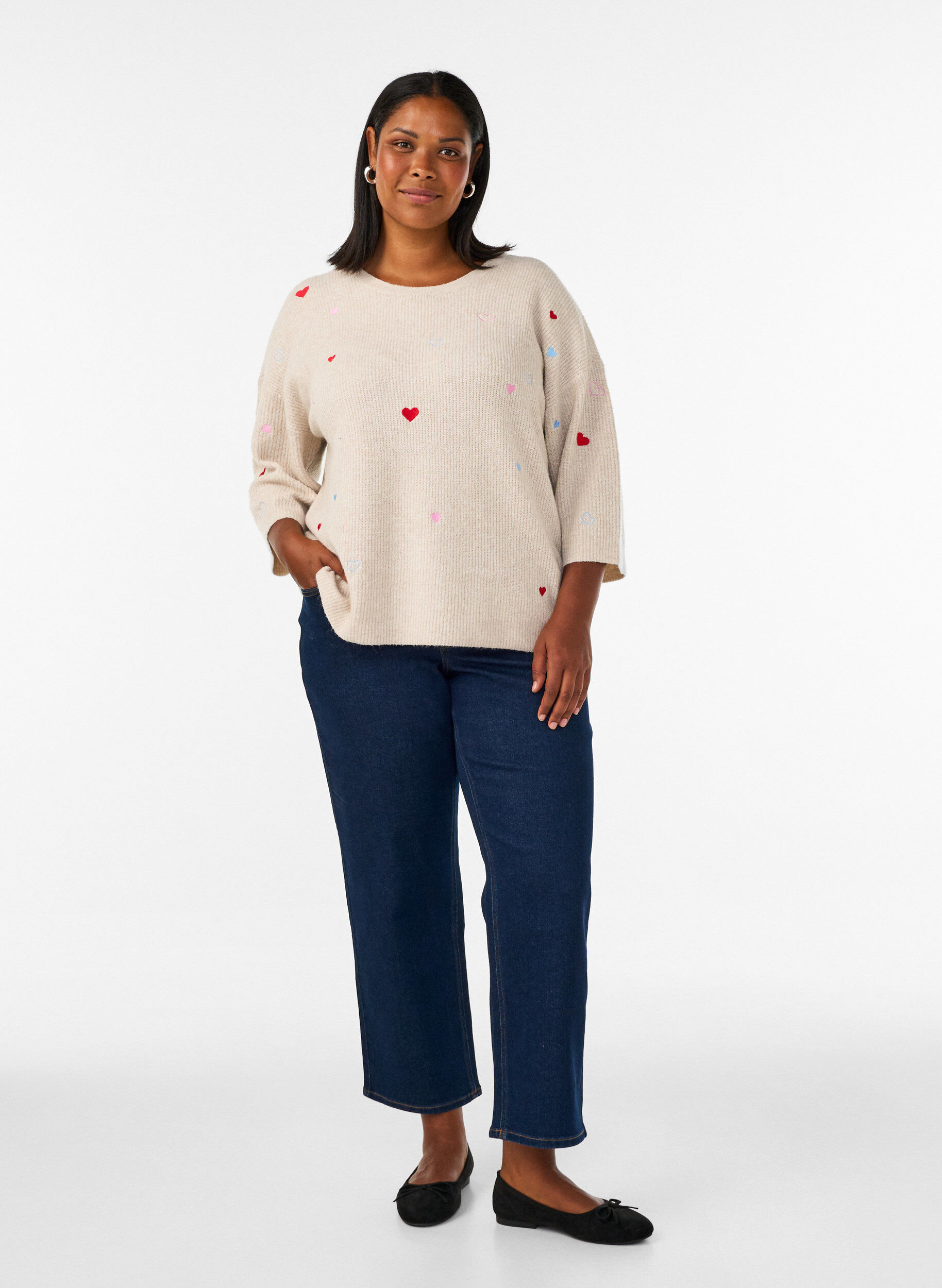 ZizziGebreide blouse met hartjes en 3/4 mouwen, Beige, Model image number 1