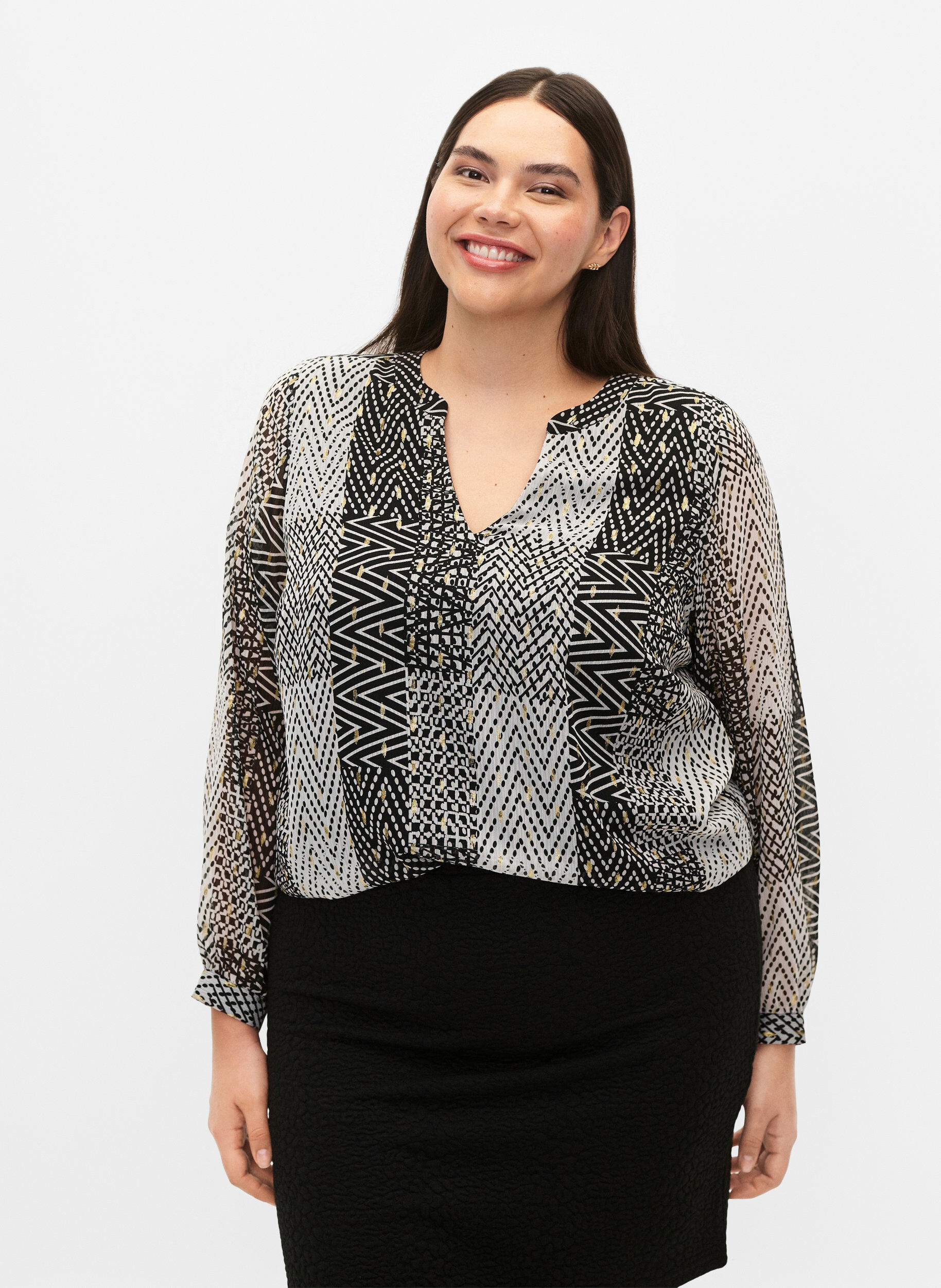 ZizziBedrukte blouse met V-halslijn, Zwart, Model image number 3