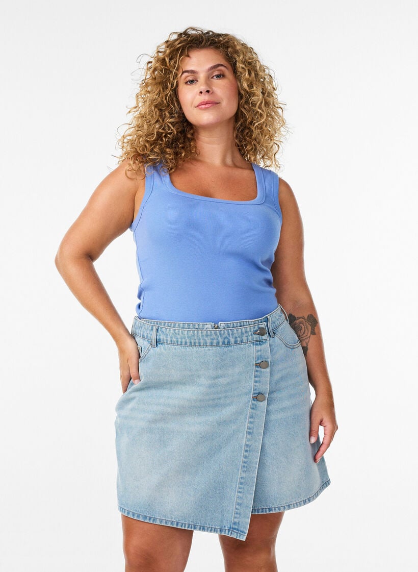 Denim skort met overslag en hoge taille, Blauw, Model image number 0