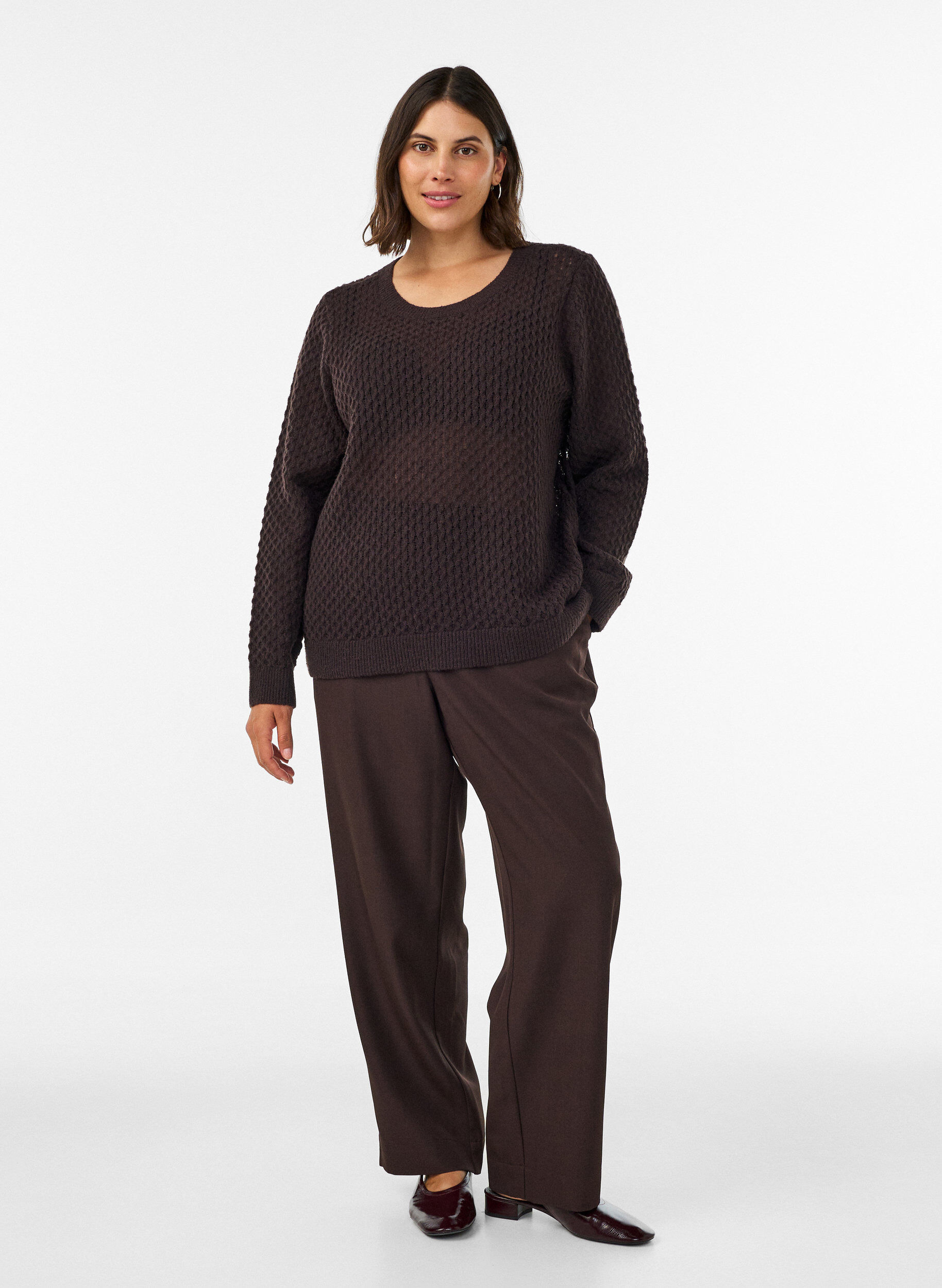 ZizziBlouse en maille avec motif ajour&eacute; textur&eacute;, Marron, Model image number 1