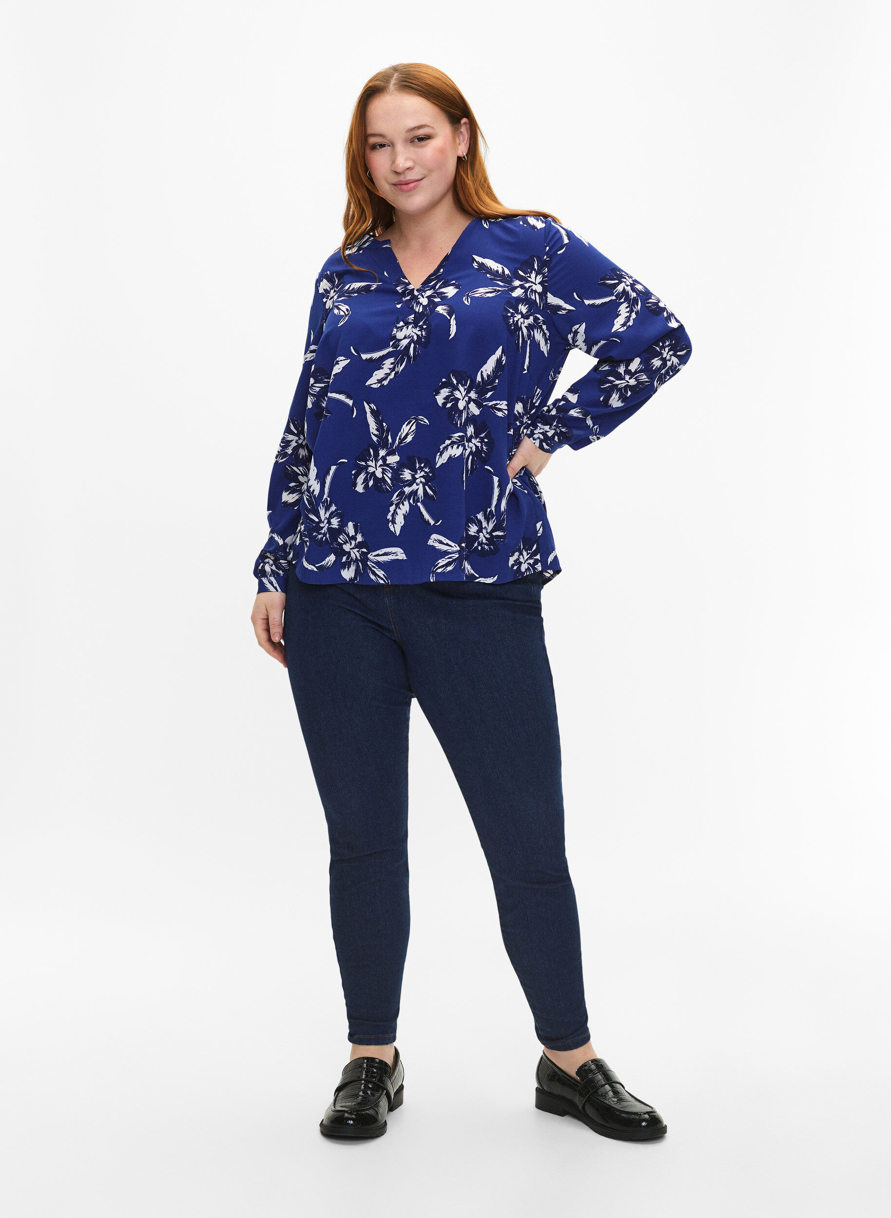 ZizziFLASH - Blouse met lange mouwen en print, Navy Blazer Flower, Model image number 2