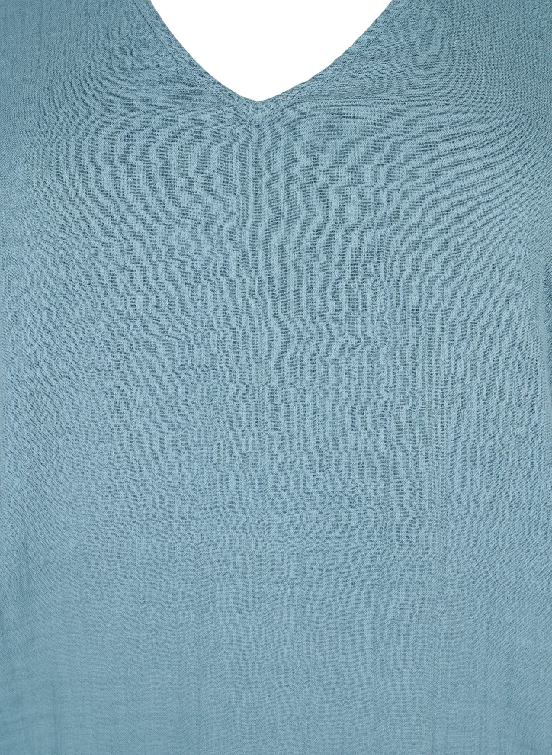 ZizziKatoenen blouse met borduursel en korte mouwen, Smoke Blue, Packshot image number 2