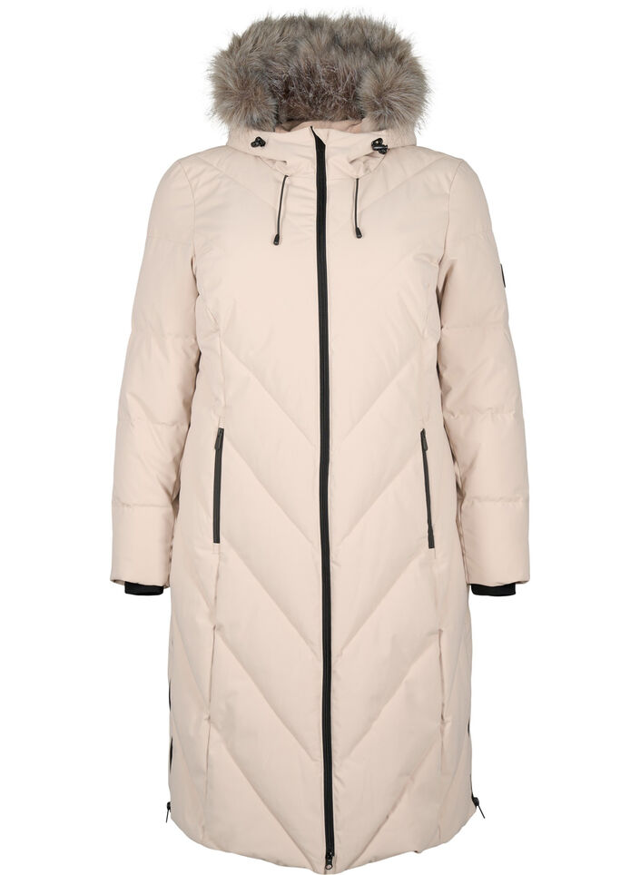 Lange winterjas met haaksluitingen en een nep bontkraag, Beige, Packshot