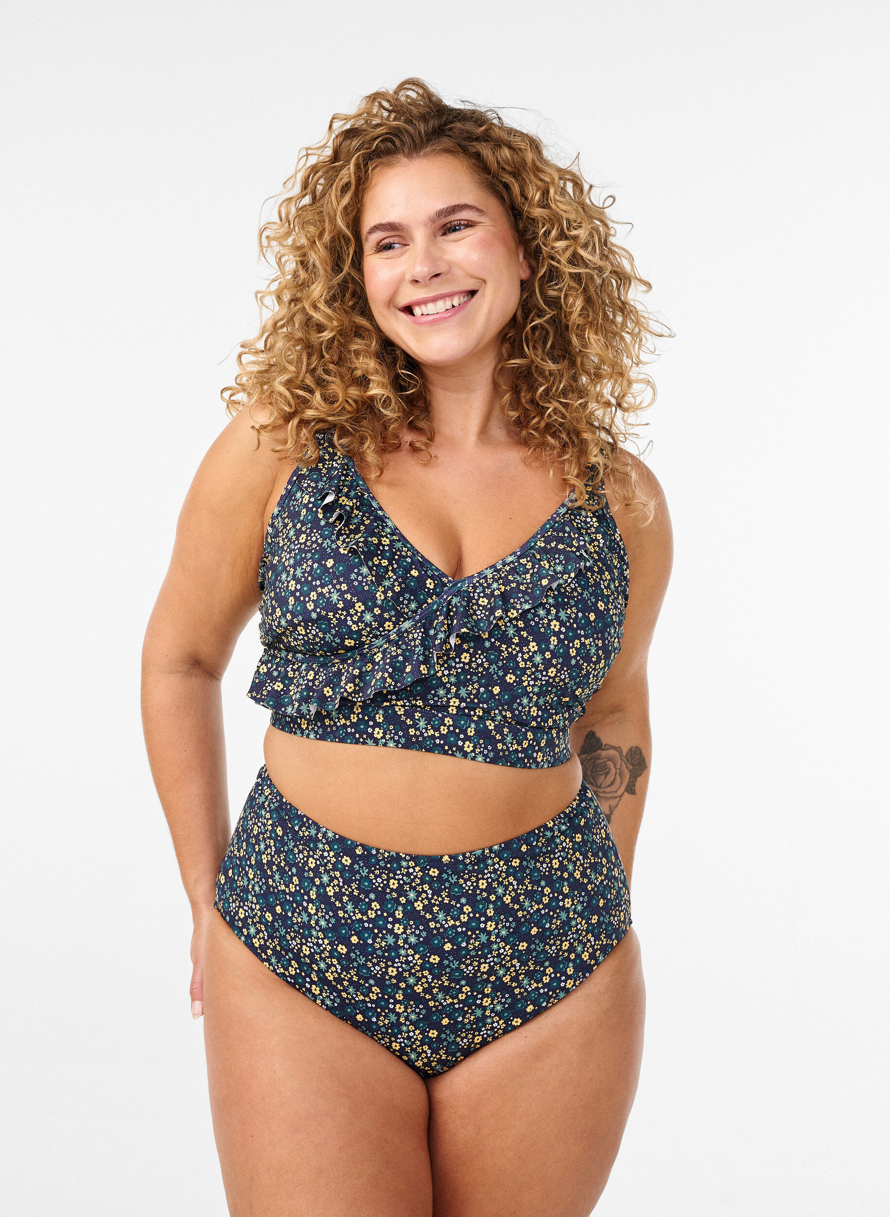Culotte de bikini imprim&eacute;e et taille haute, Vert, Model