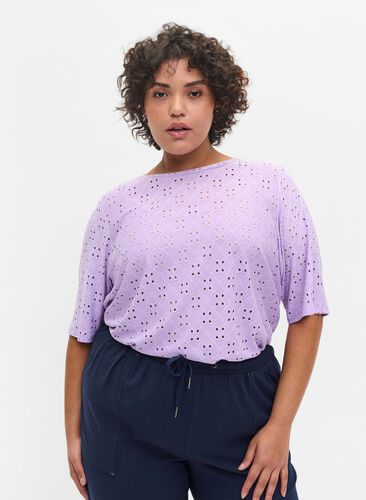 Blouse avec broderie anglaise et manches 2/4, Lavendula, Model image number 0
