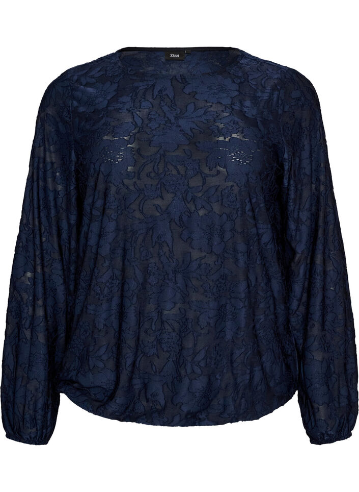Blouse transparente avec texture florale et manches longues, Bleu, Packshot image number 0