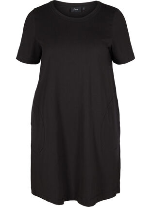 Katoenen jurk met zakken en korte mouwen, Solid Black, Packshot image number 0