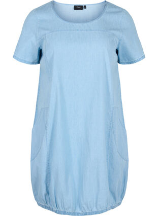 Denim jurk met zakken en korte mouwen, Light blue denim, Packshot image number 0