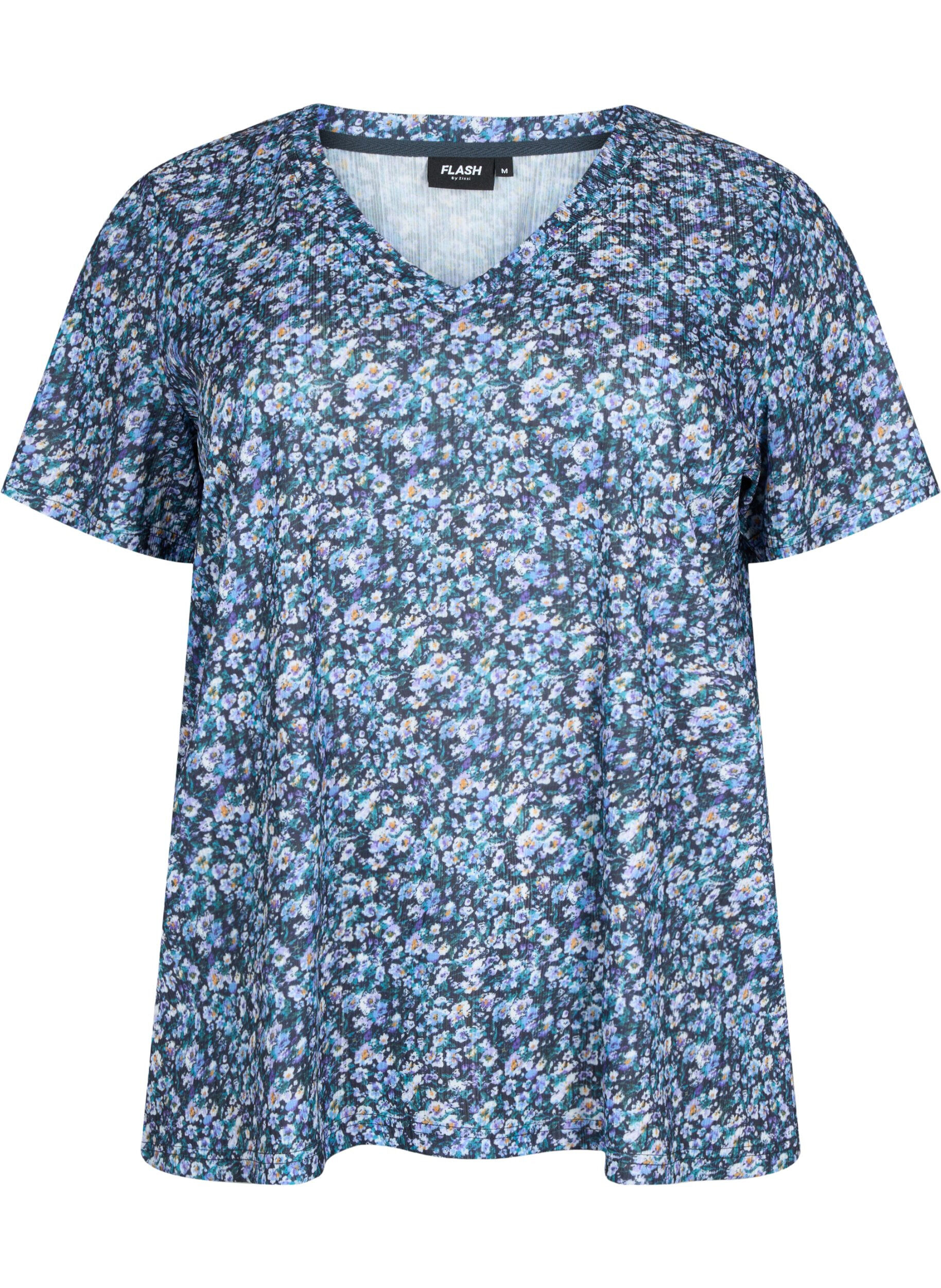 Zizzi FLASH - T-shirt imprim&eacute; avec col en V, Blue Green Ditsy, Packshot image number 0
