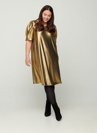 Robe trapèze à manches courtes bouffantes, Gold, Model image number 2