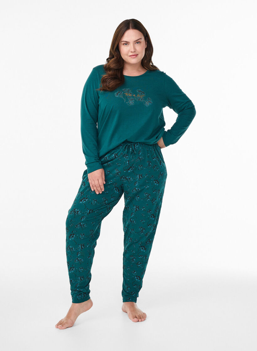 Haut de nuit en coton avec imprimé sur le devant, Turquoise, Model image number 1