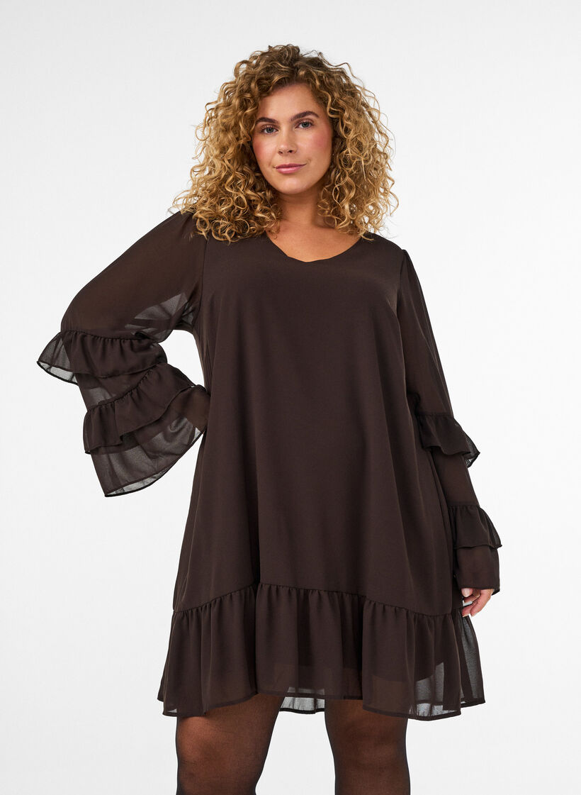 Korte jurk met transparante ruchesmouwen, Bruin, Model image number 0