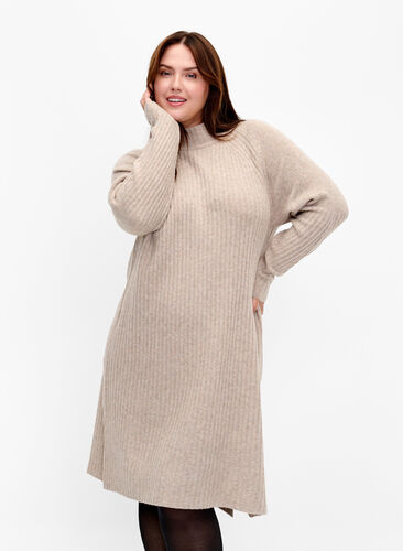 Ribbed Knit Dress met col, Simply Taupe Mel., Model image number 0