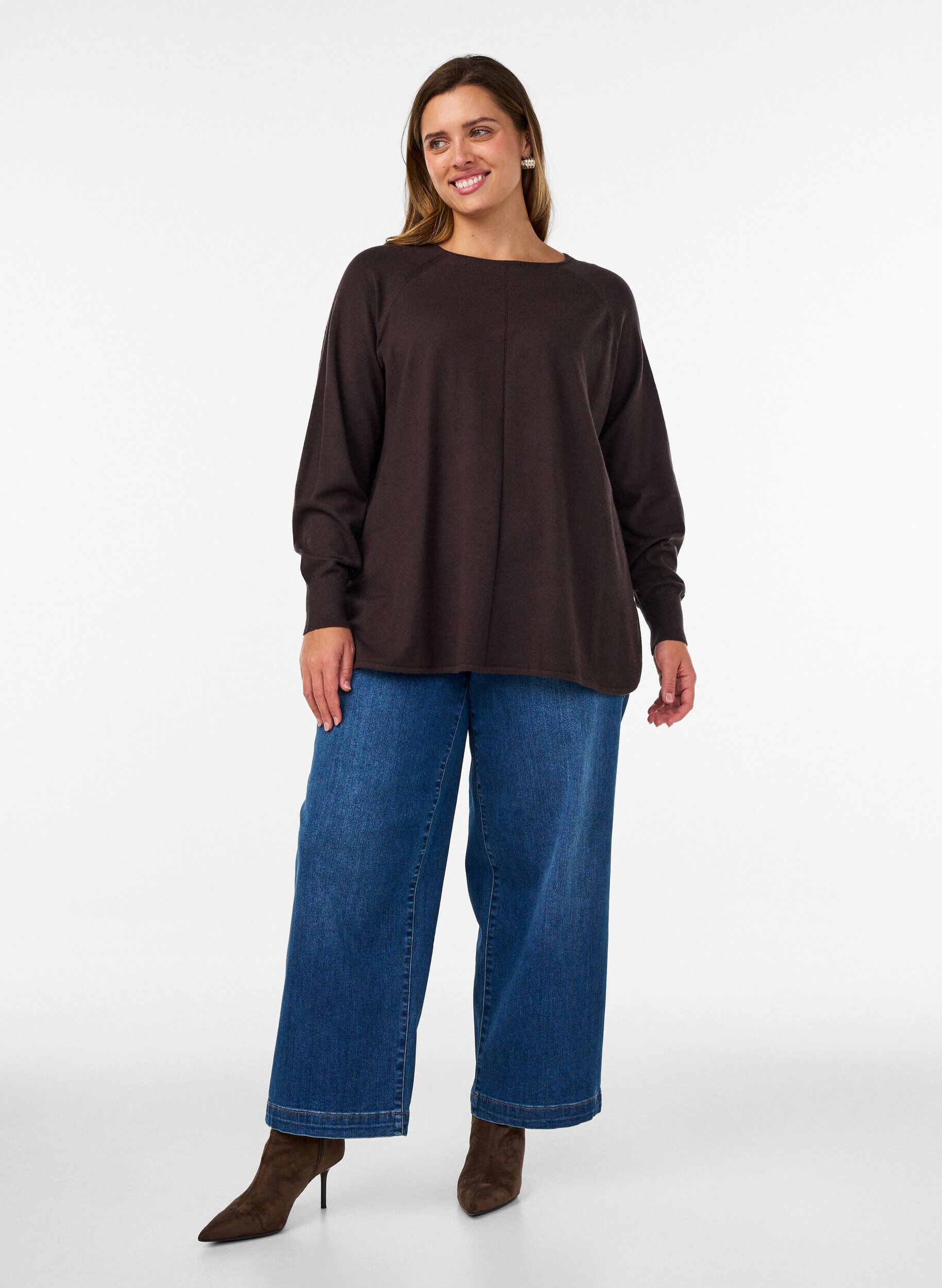 ZizziChemisier en tricot avec col rond et motif tricot, Marron, Model image number 1
