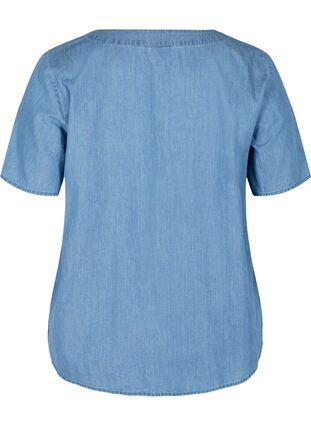 Blouse en jean à manches courtes en coton, Medium Blue Denim, Packshot image number 1