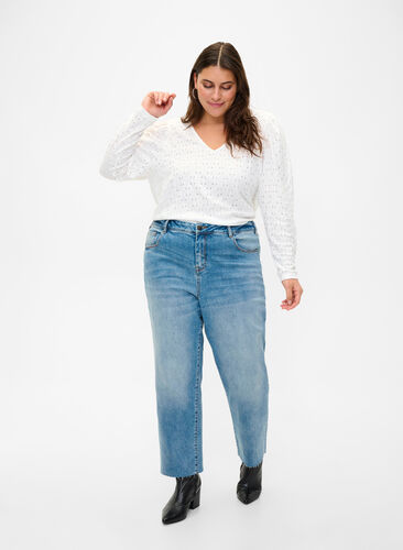 7/8 jeans met ruwe randjes en hoge taille, Light blue denim, Image image number 0