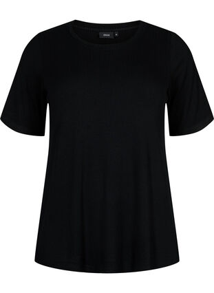 T-shirt van viscose met ribstructuur, Black, Packshot image number 0