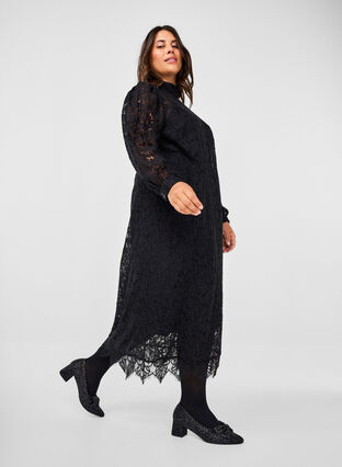 Robe en dentelle à manches longues avec col montant Noir