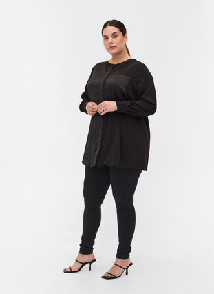 Lange blouse in effen kleur met borstzak, Black, Model image number 2