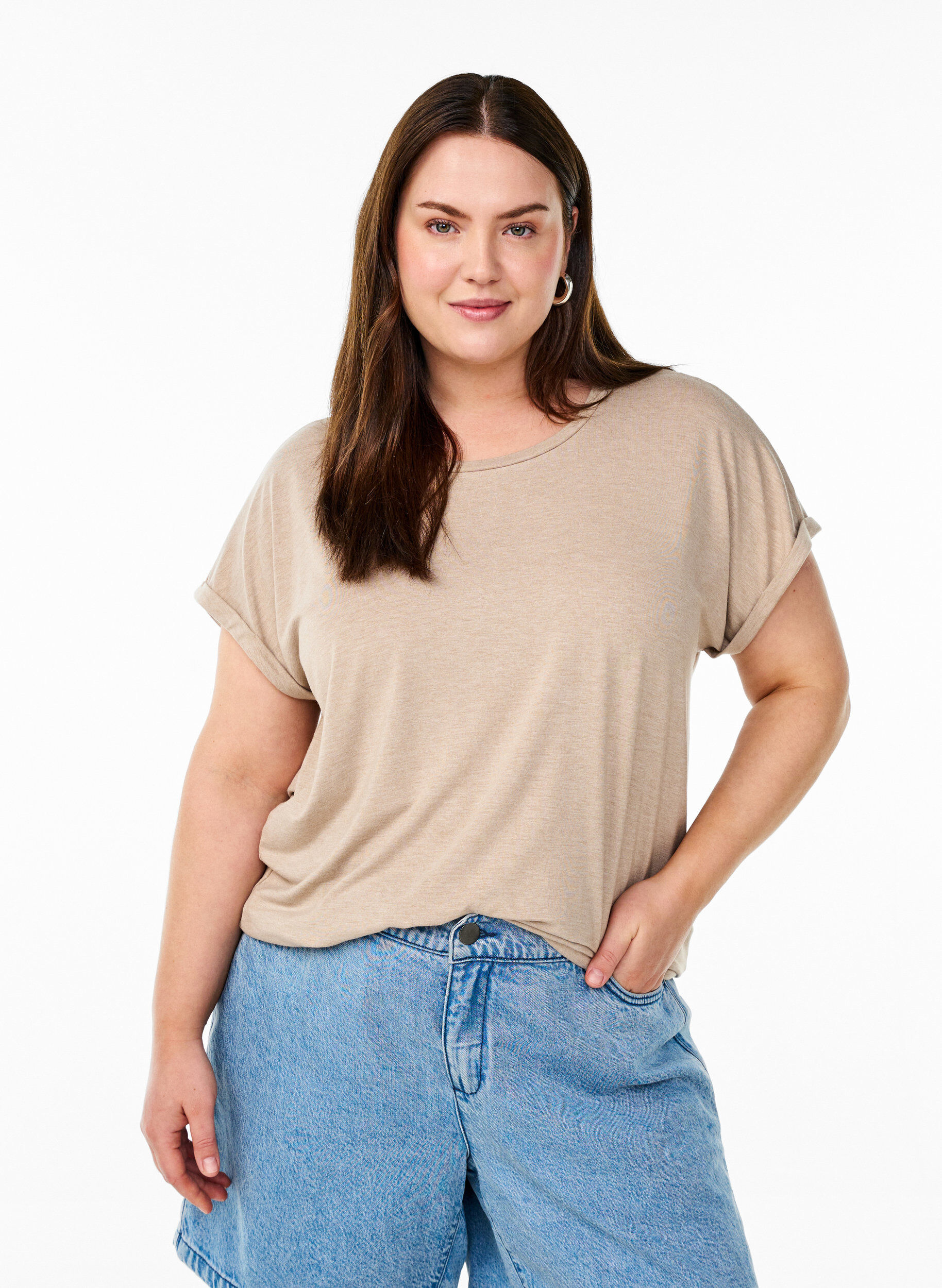 Los T-shirt met ronde hals, Bruin, Model