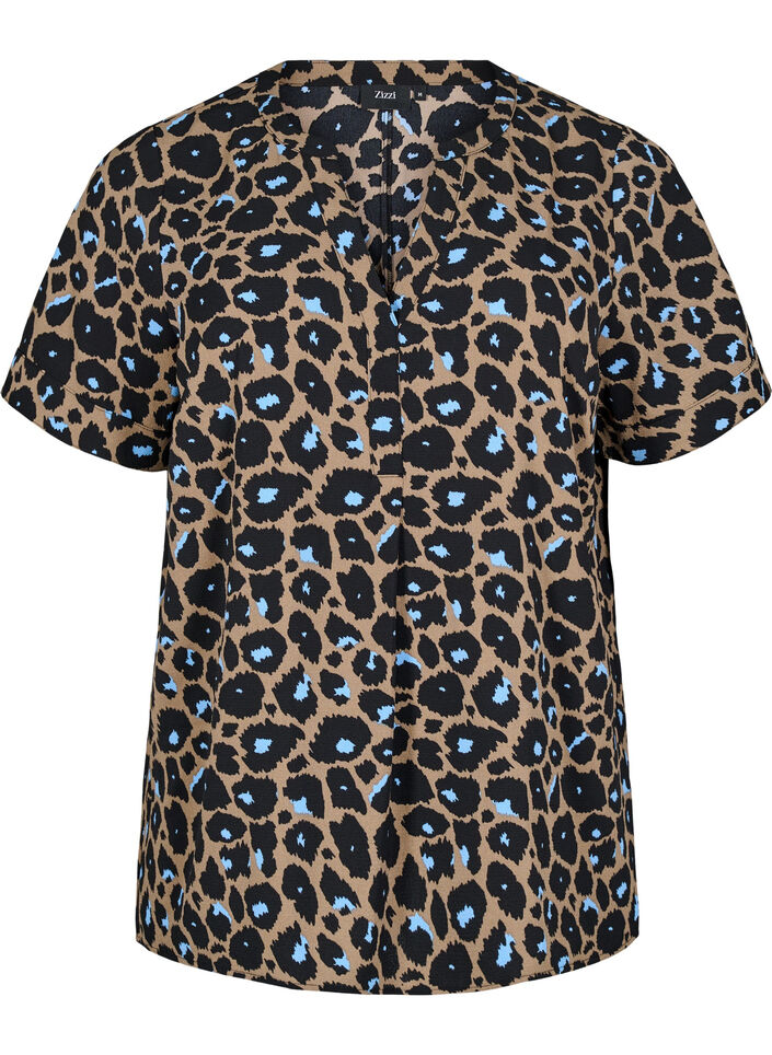 Short-sleeved blouse with a V-neck, Marron, Packshot image number 0