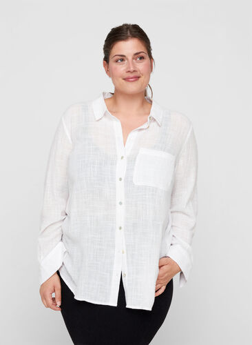 Chemise à manches longues en coton texturé, White, Model image number 0