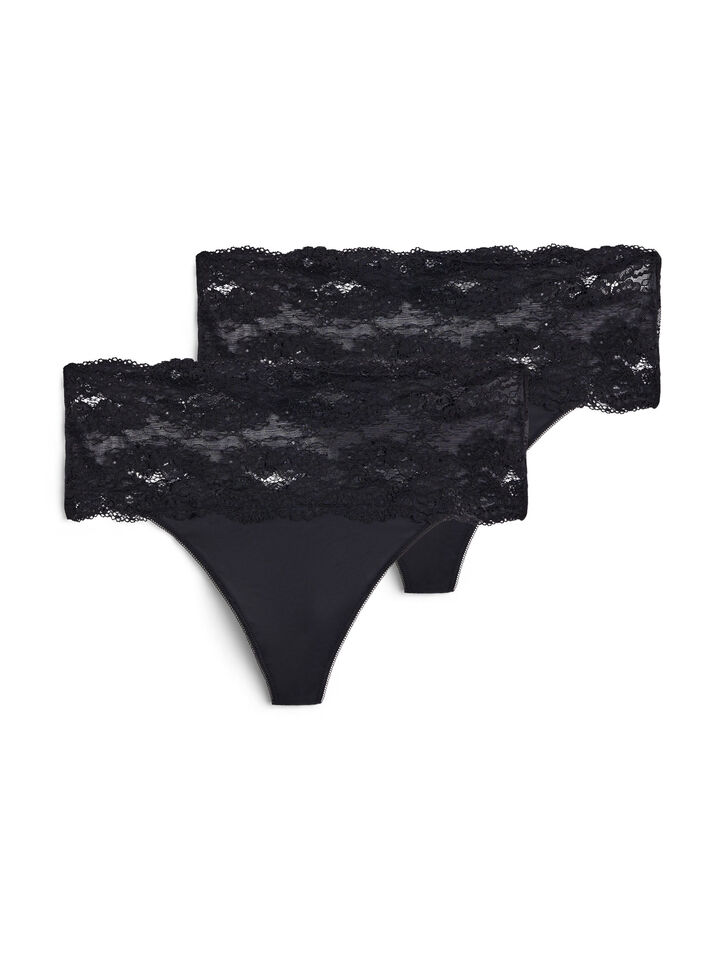String lot de 2 avec bord large en dentelle, Noir, Packshot image number 0