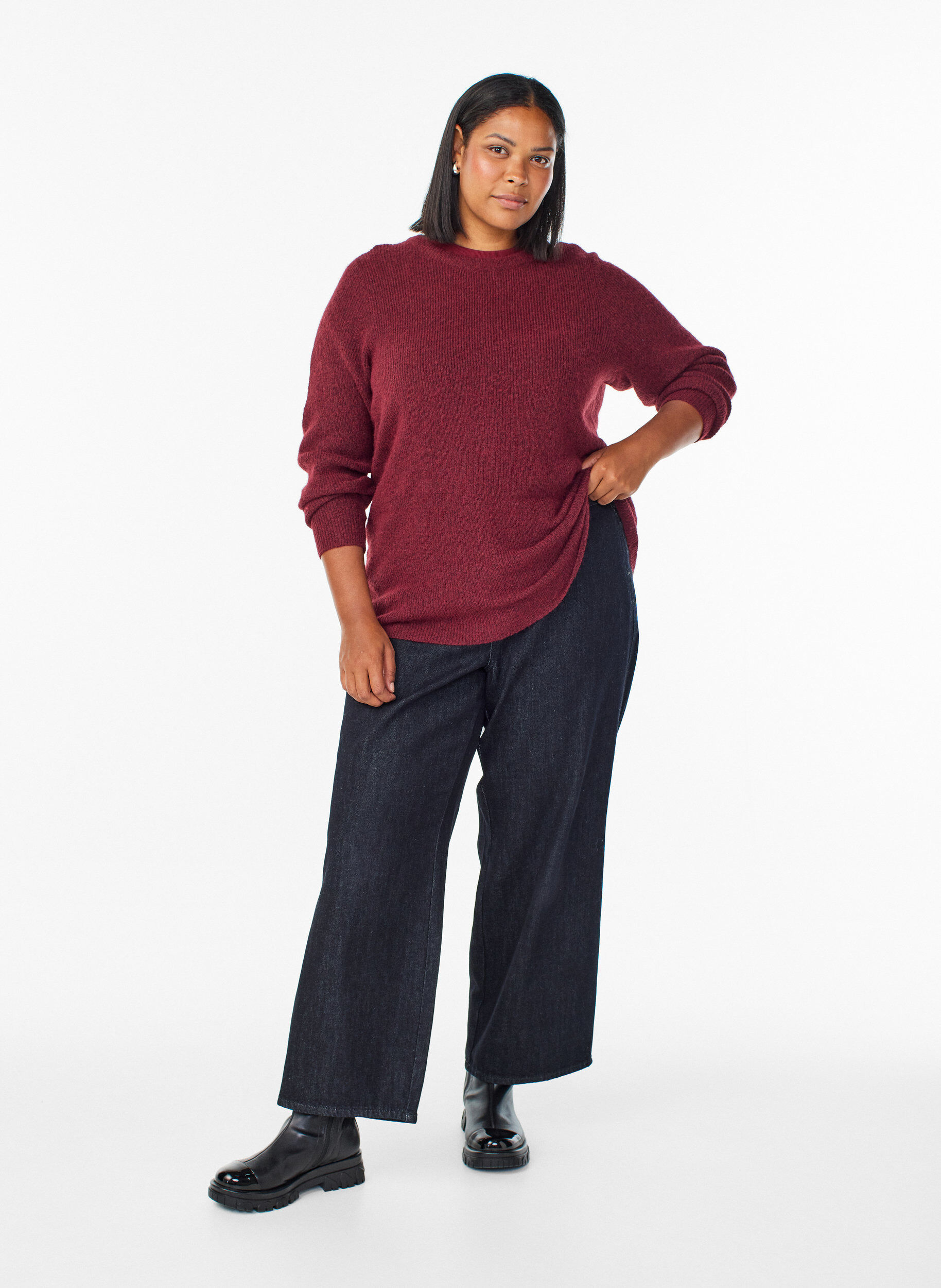 ZizziMelange breisel blouse met ronde hals, Rood, Model image number 1