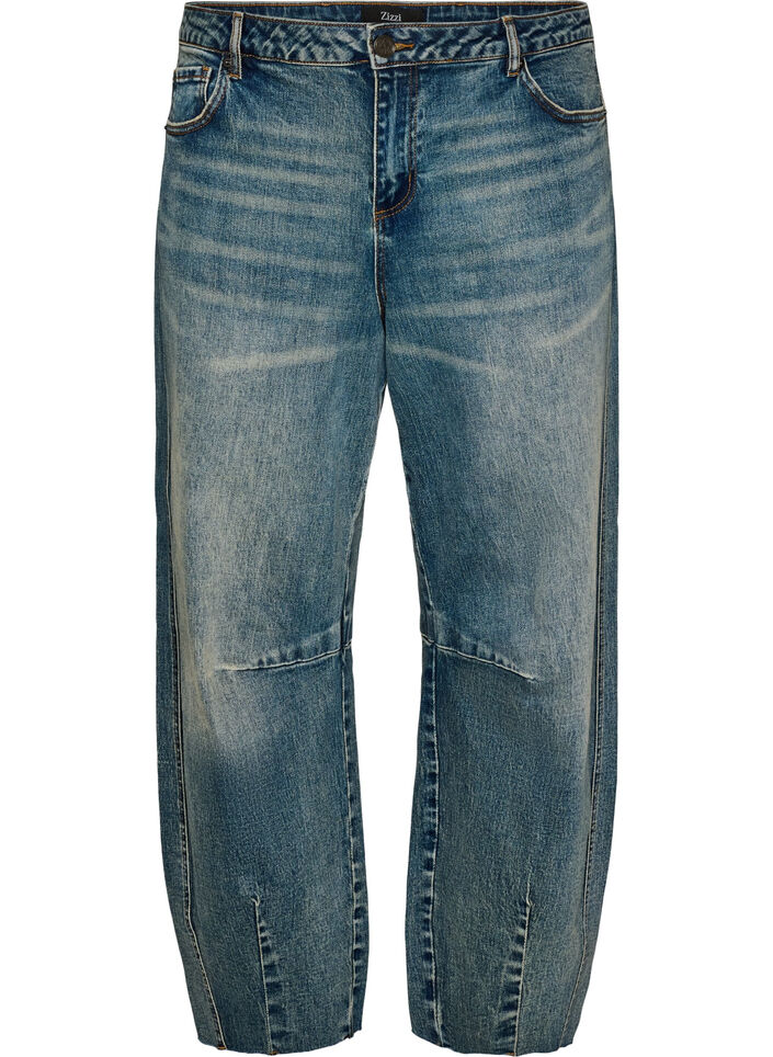Barrel-fit jeans met een distressed wash, Blauw, Packshot