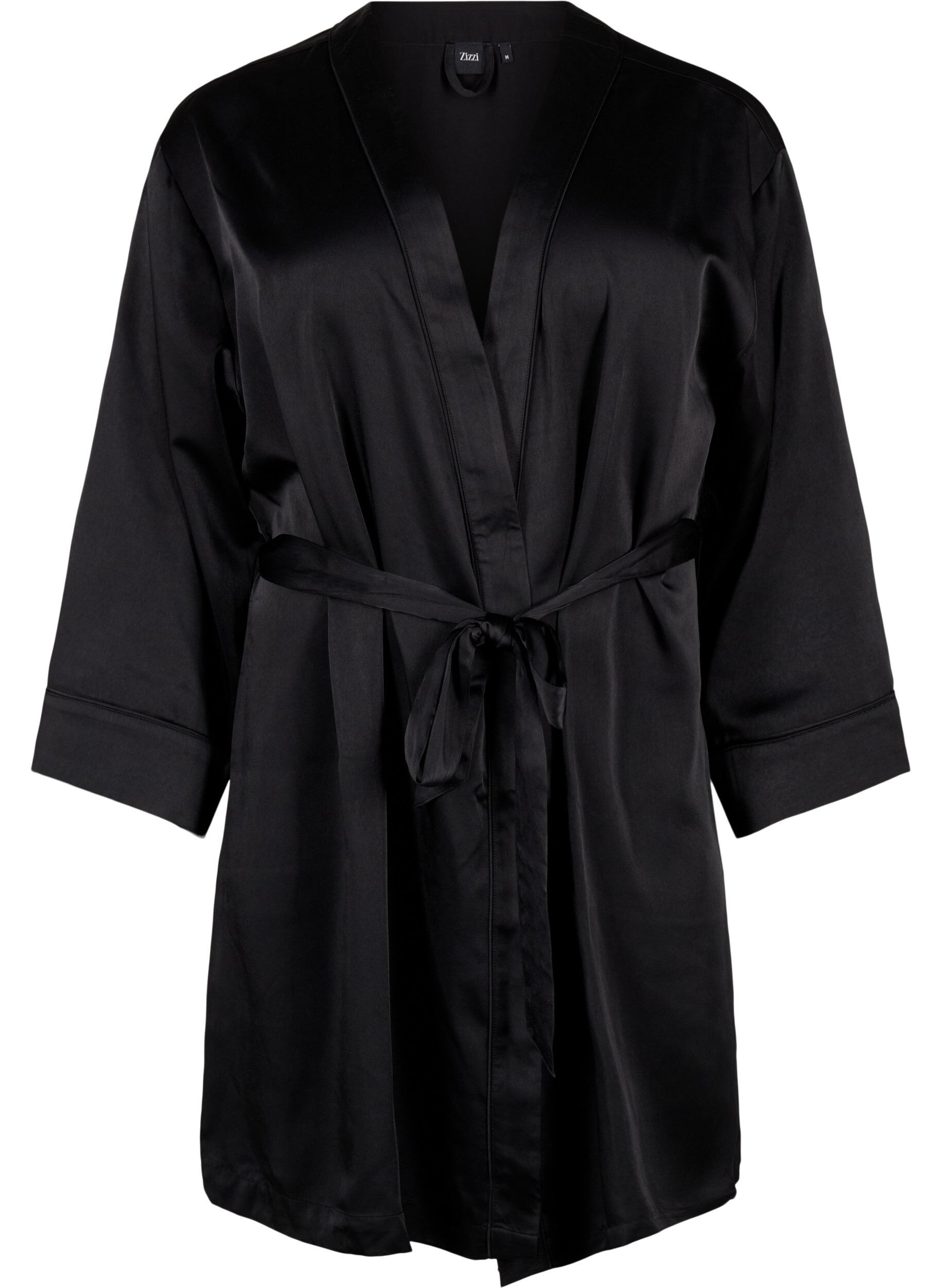 ZizziSatijnen kimono met riem, Black, Packshot image number 0