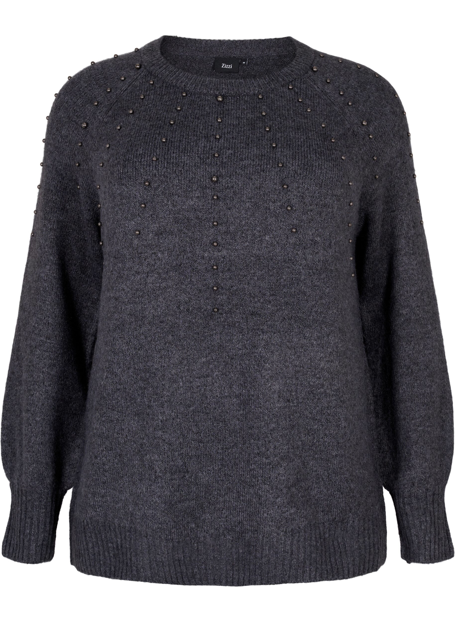 ZizziGebreide blouse met parels, Dark Grey Melange, Packshot image number 0