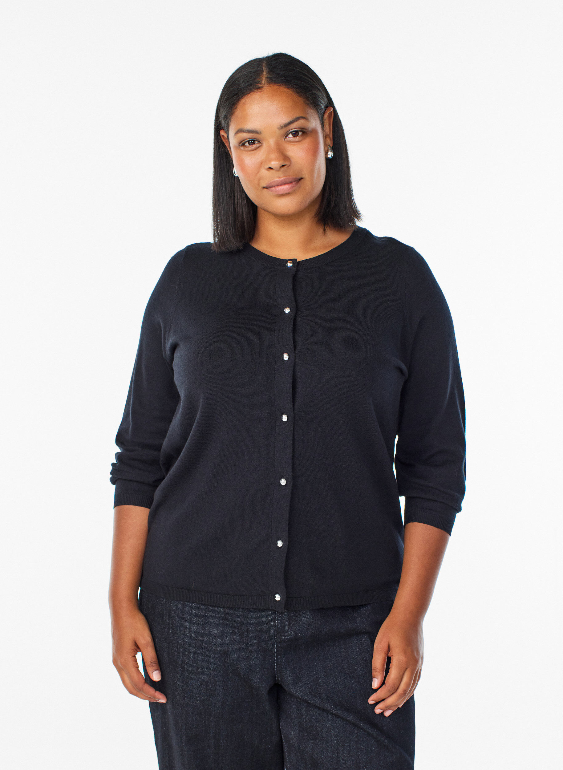 Cardigan &agrave; boutons ronds, Noir, Model