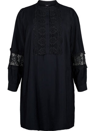 Viscose jurk met gehaakte details, Black, Packshot image number 0