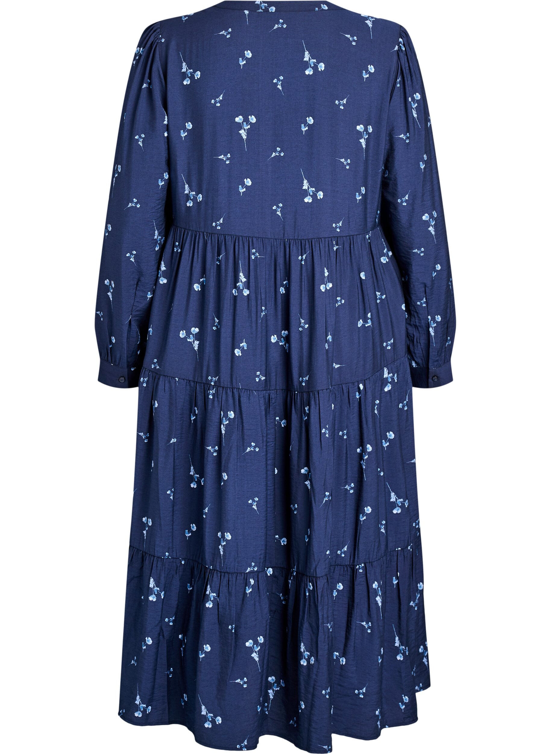 Zizzi Robe midi avec col en V et coupe &eacute;vas&eacute;e, Bleu, Packshot image number 1