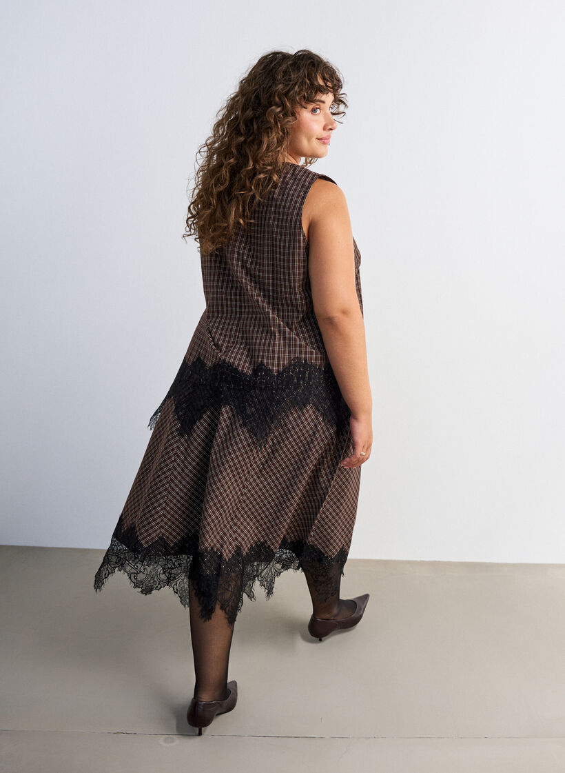 Geruite top met asymmetrische kanten afwerking, Bruin, Model