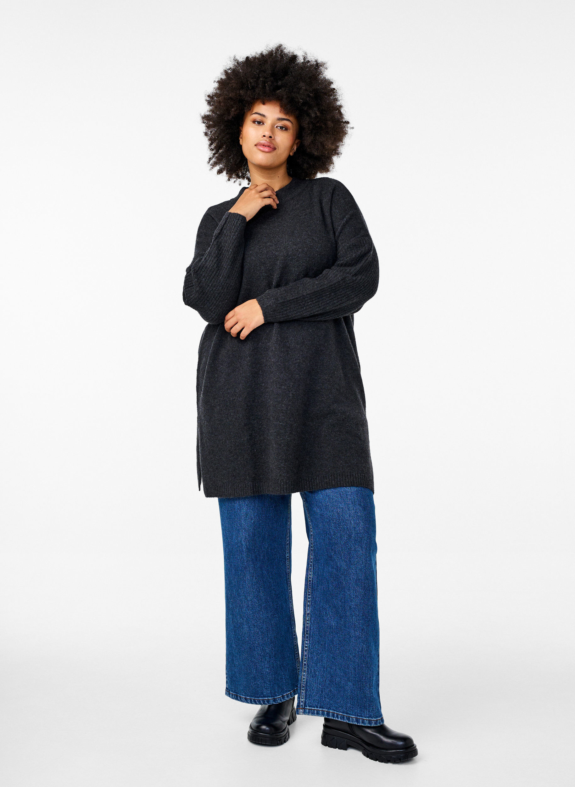 ZizziLange gebreide blouse met lange mouwen, Dark Grey Melange, Model image number 2