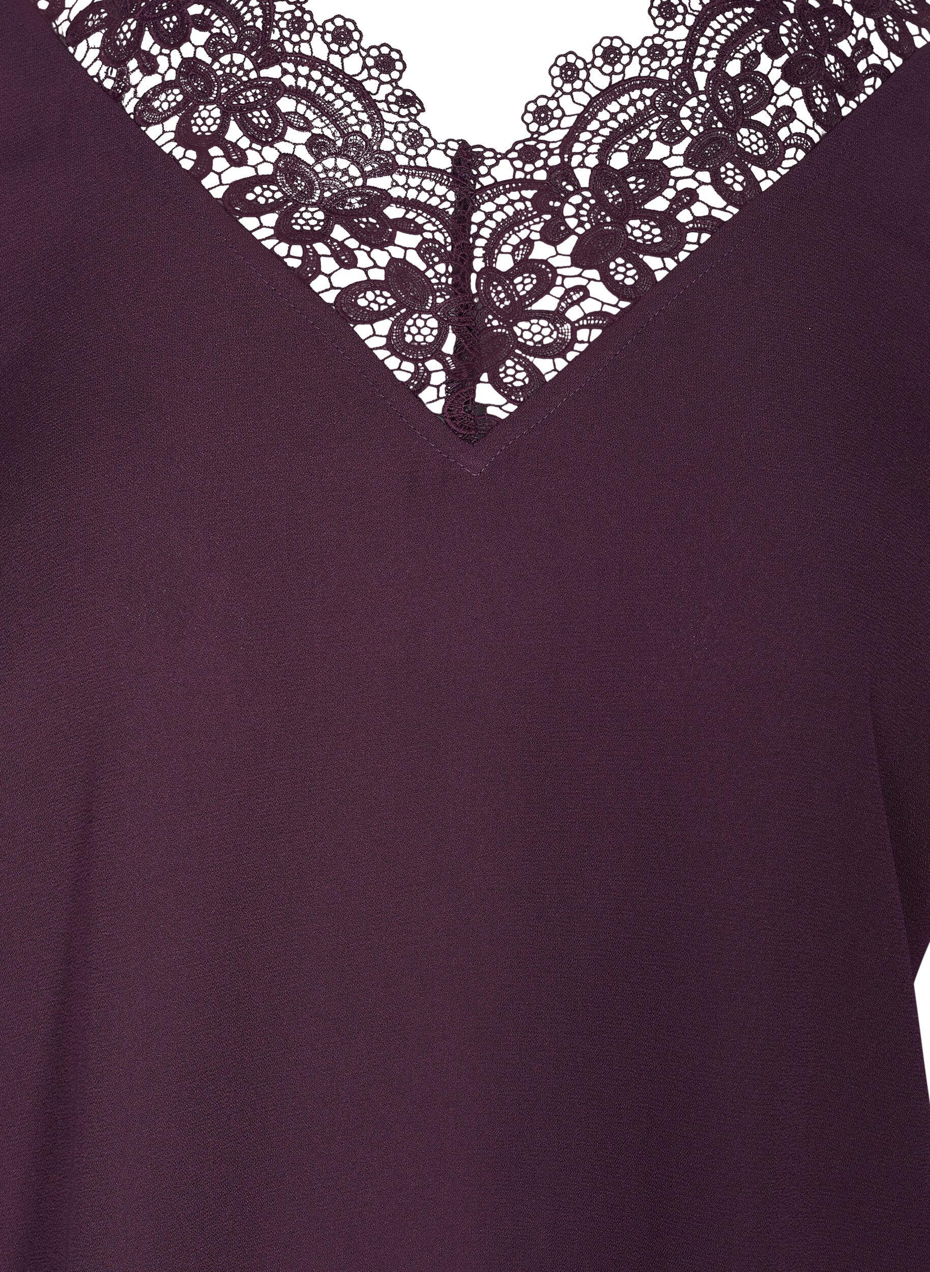 Zizzi Blouse unie avec dentelle et manches 3/4, Plum Perfect, Packshot image number 2