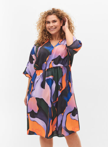 Midi-jurk met v-hals in gekleurde print, Big Scale Print, Model image number 0