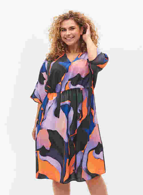 Midi-jurk met v-hals in gekleurde print